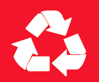 white recycle logo on a red background