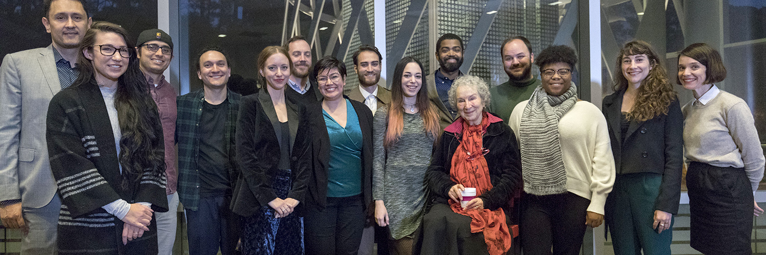 MFA students pose with Margaret Atwood