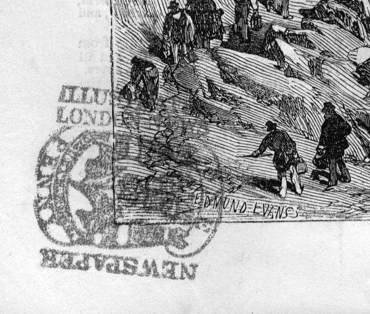 Detail of a penny stamp on the Illustrated London News, 1855